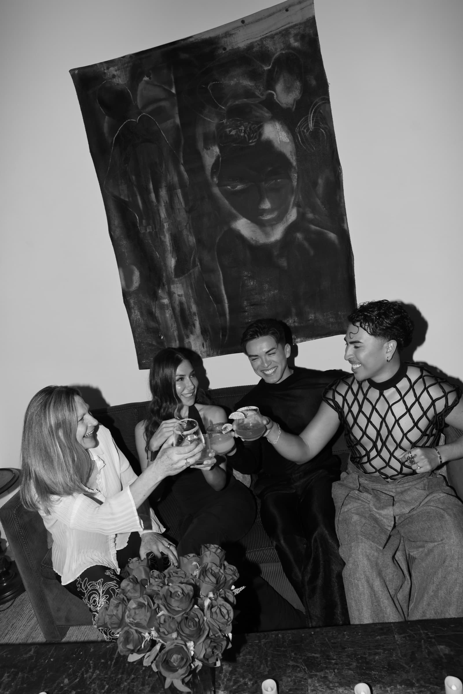 Black-and-white candid, guests mingling