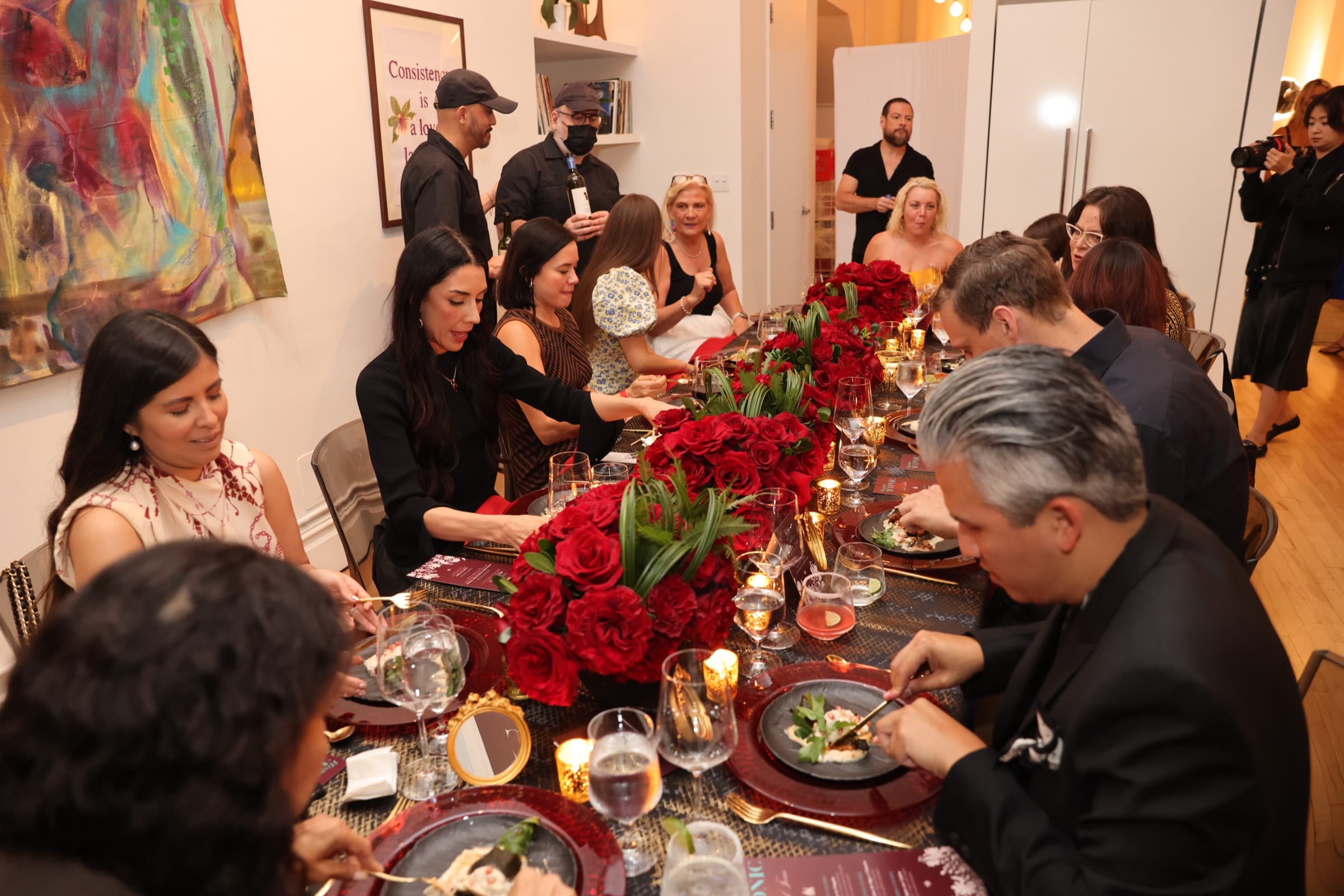 Looking down the rose-lined dinner table